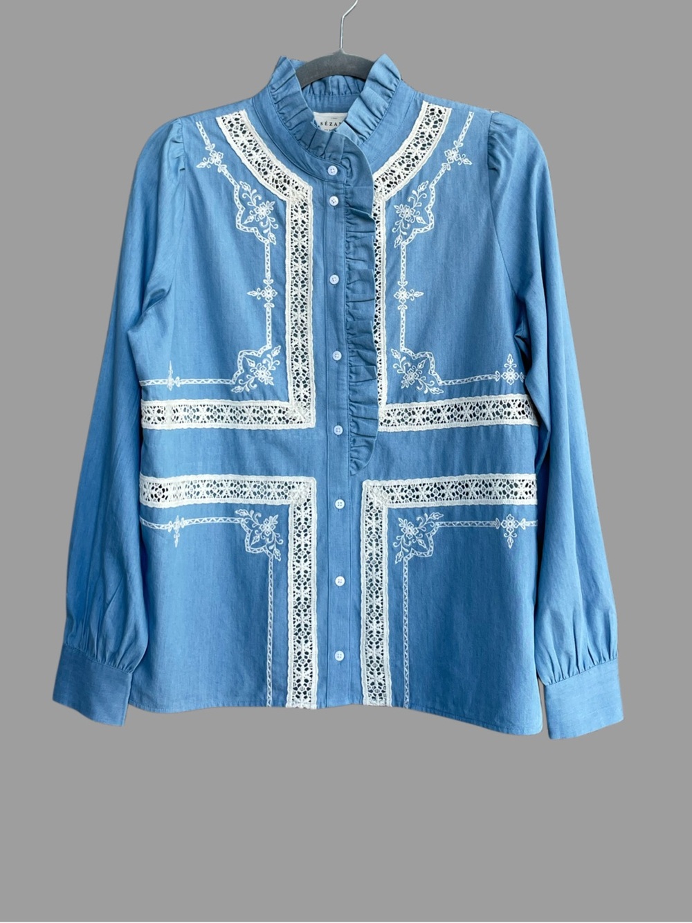 SEZANE Blue Ecru Lace Embroidered High Collar Button Down Chambray Ulysse Shirt - Picture 9 of 16